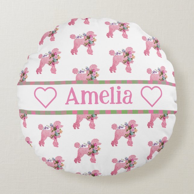 Personalised Pink French Poodle Round Pillow (Front)