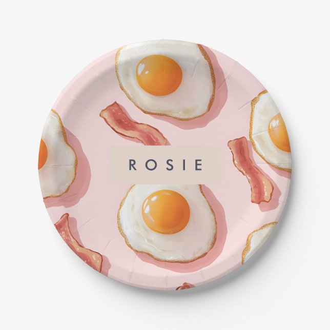 Personalised Pink Fried Eggs and Bacon Pattern Paper Plate (Front)