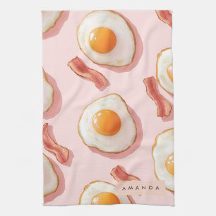 Personalised Pink Fried Eggs and Bacon Pattern Tea Towel