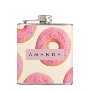 Personalised Pink Frosted Doughnut Pattern Hip Flask