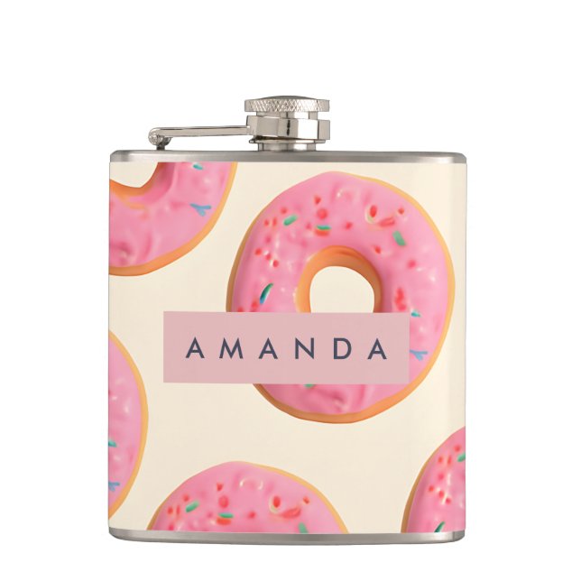 Personalised Pink Frosted Doughnut Pattern Hip Flask (Front)