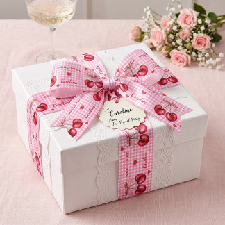 Personalised Pink Gingham Cherry Bride-to-Be Satin Ribbon