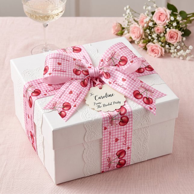 Personalised Pink Gingham Cherry Bride-to-Be Satin Ribbon (Creator Uploaded)