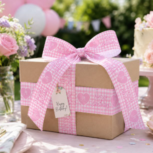 Personalised Pink Gingham Heart Birthday Monogram Satin Ribbon