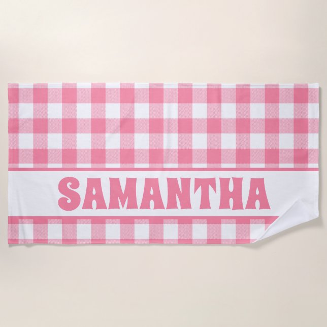 Personalised Pink Gingham Plaid Kids Name Beach Towel (Front)