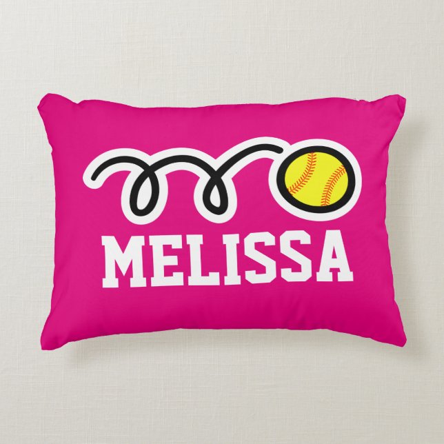 Personalised pink girls pillow with cute softball (Front)