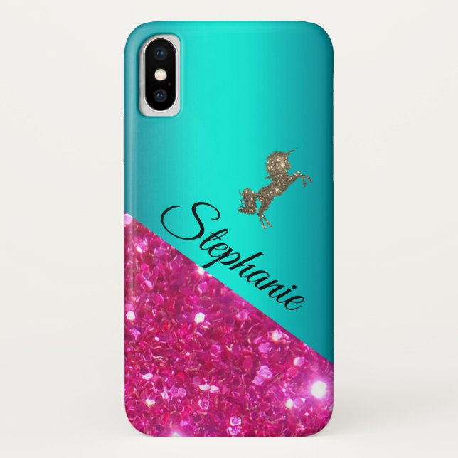 Personalised Pink Glitter and Aqua Sparkly Unicorn Case-Mate iPhone Case (Back)