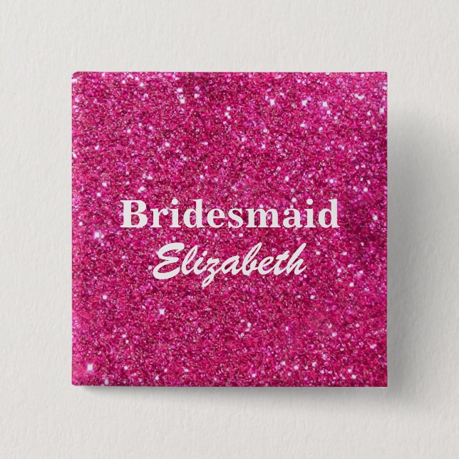 Personalised Pink Glitter Bridesmaids Wedding 15 Cm Square Badge (Front)