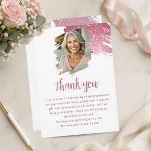 Personalised Pink Glitter Photo Birthday Thank You Card