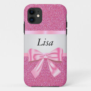 Personalised Pink Glitter Pink Bow iPhone 11 Case