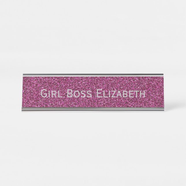Personalised Pink Glitter & Silver Girl Boss Funny Desk Name Plate (Front)