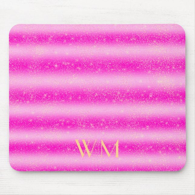 Personalised pink glitter stripes gold monogram  m mouse mat (Front)