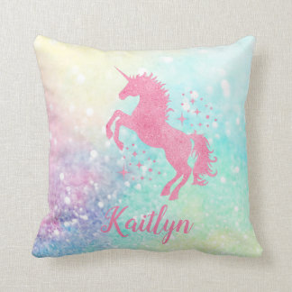 Personalised Pink Glitter Unicorn and Rainbow Cushion