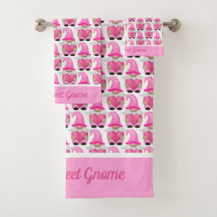 Personalised Pink Gnomes Hearts Woodland Whimsical Bath Towel Set