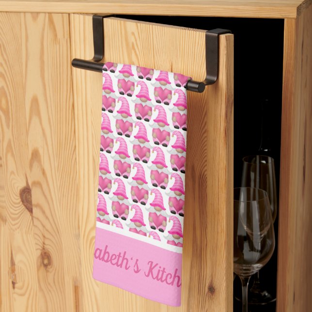 Personalised Pink Gnomes Hearts Woodland Whimsical Tea Towel (Thirds Fold)
