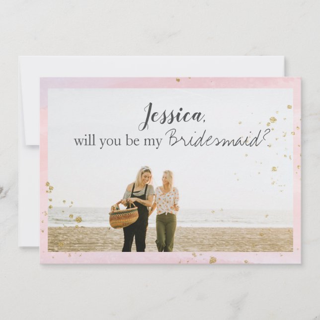 [Personalised] Pink Gold Bridesmaid Proposal Photo Holiday Card (Front)