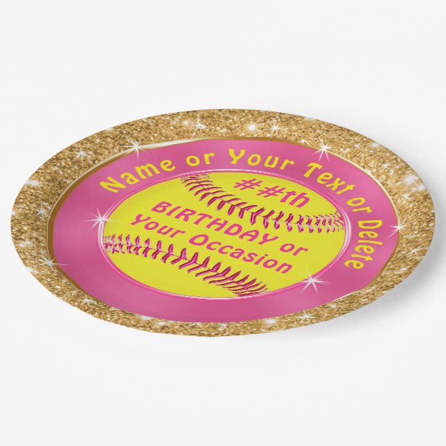 Personalised Pink Gold Cute Softball Paper Plates (Angled)