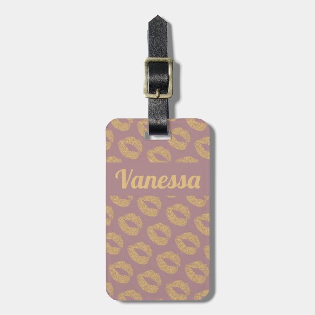 Personalised Pink Gold Glitter Lips Luggage Tag (Front Vertical)