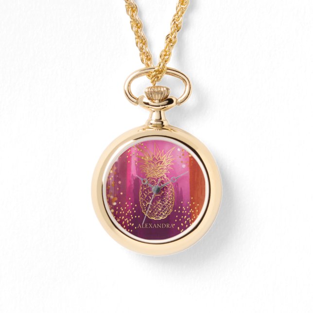 Personalised Pink Gold Glitter Pineapple Watch (Front)