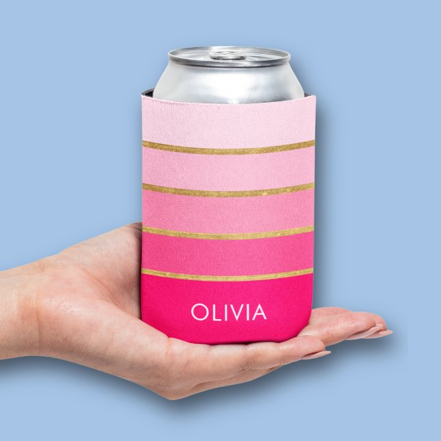 Personalised Pink & Gold Name Can Cooler (Pink and gold striped personalized can cooler)