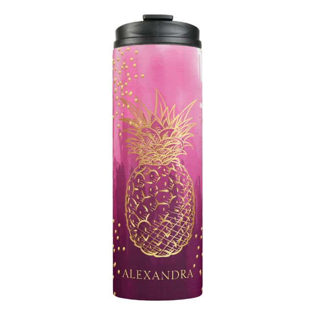 Personalised Pink Gold Pineapple Glitter Thermal Tumbler (Front)