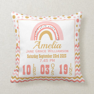 Personalised Pink Gold Rainbow Birth Stats Nursery Cushion