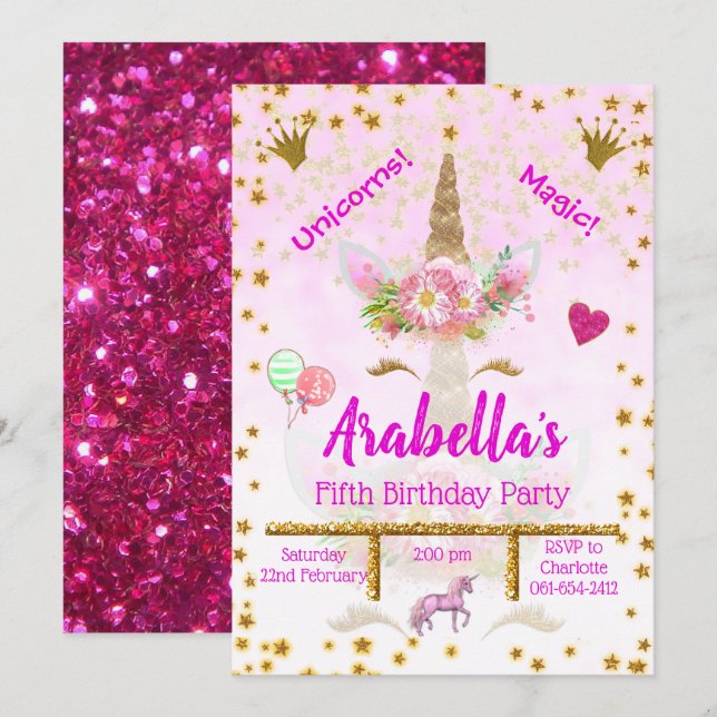 Personalised Pink, Gold Stars Unicorn Birthday Invitation (Front/Back)