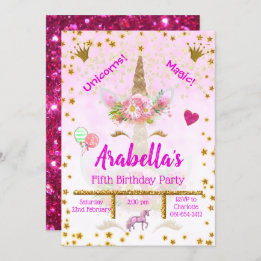 Personalised Pink, Gold Stars Unicorn Birthday Invitation