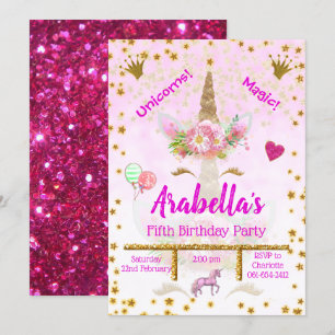 Personalised Pink, Gold Stars Unicorn Birthday Invitation