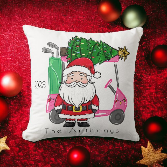 Personalised Pink Golf Cart Santa Christmas Tree Cushion (Creator Uploaded)