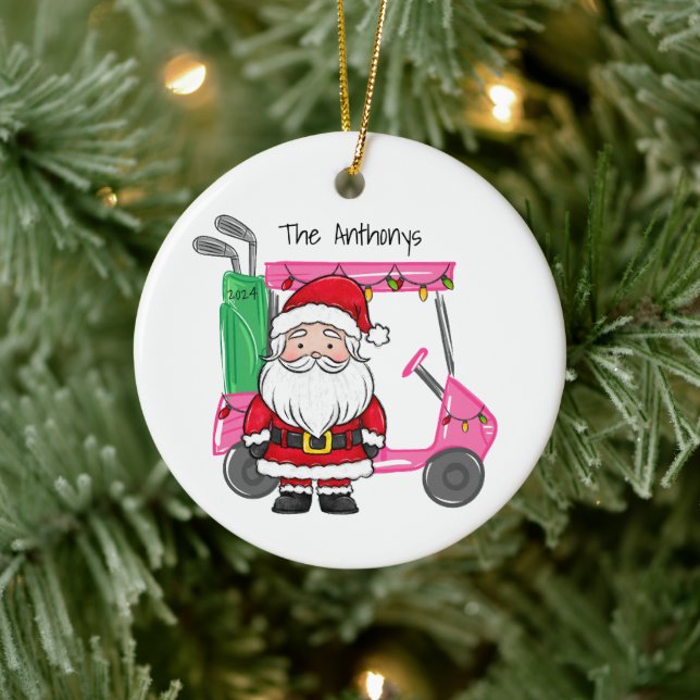 Personalised Pink Golf Cart Santa Christmas Year Ceramic Tree Decoration (Tree)