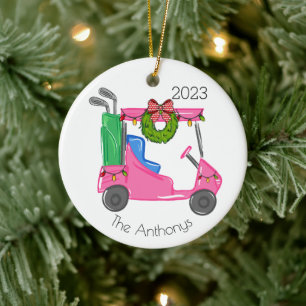 Personalised Pink Golf Cart with Lights Christmas Ceramic Tree Decoration