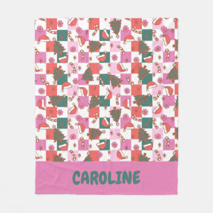 Personalised Pink Green Christmas Cheer Chequered Fleece Blanket