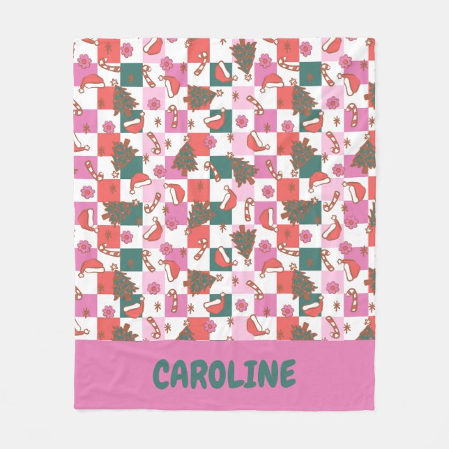 Personalised Pink Green Christmas Cheer Chequered Fleece Blanket (Front)