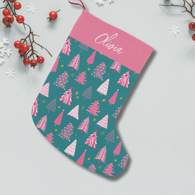 Personalised Pink & Green Christmas Tree Pattern Small Christmas Stocking (Pink Christmas tree winter wonderland personalized Christmas stocking)
