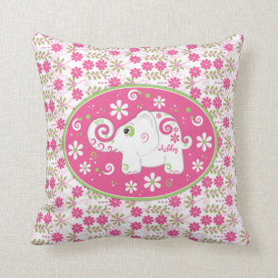 Personalised Pink Green Elephant Daisy Floral Cushion
