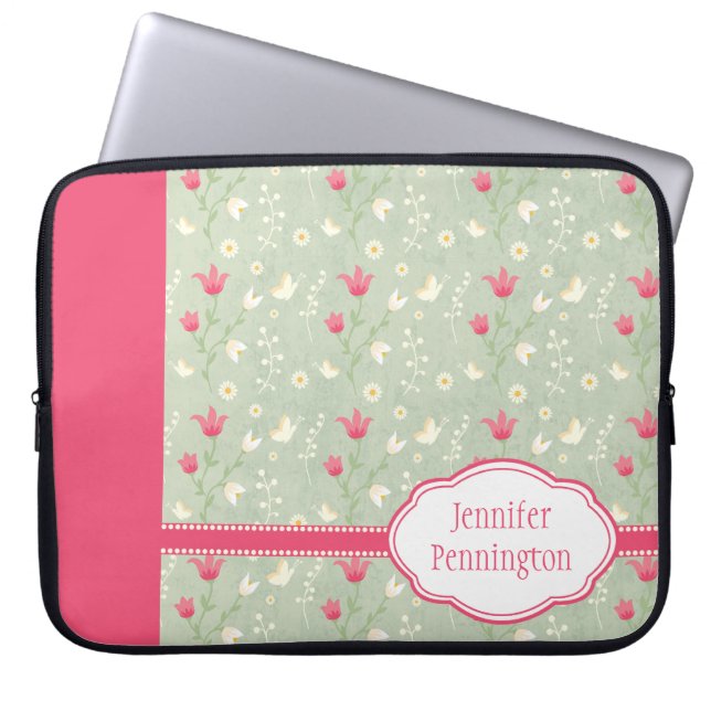 Personalised pink green flowers laptop sleeve (Front)