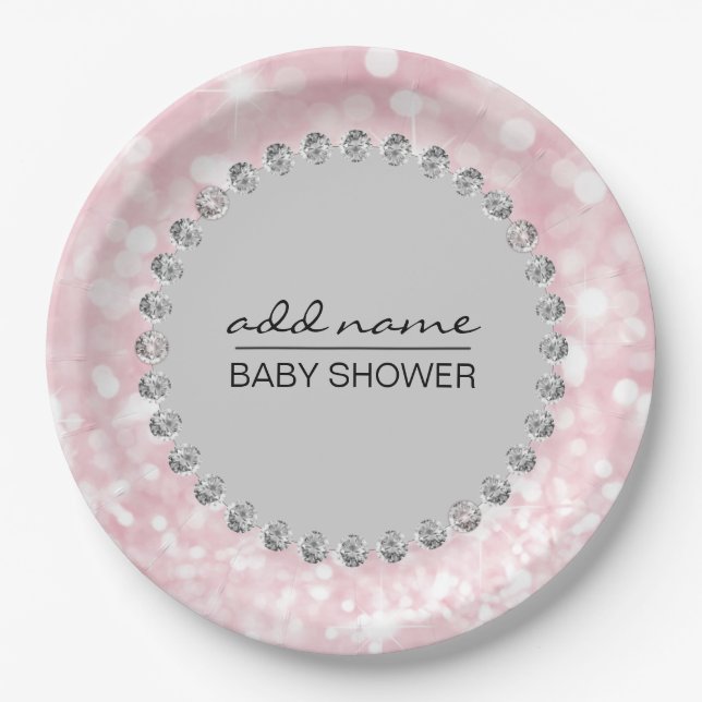 Personalised Pink/Grey Baby Shower Girl Paper Plate (Front)