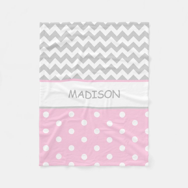 Personalised Pink Grey Chevron Polka Dots Baby Fleece Blanket (Front)