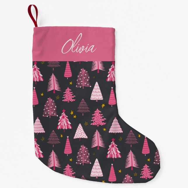 Personalised Pink & Grey Christmas Tree Pattern Small Christmas Stocking (Front)