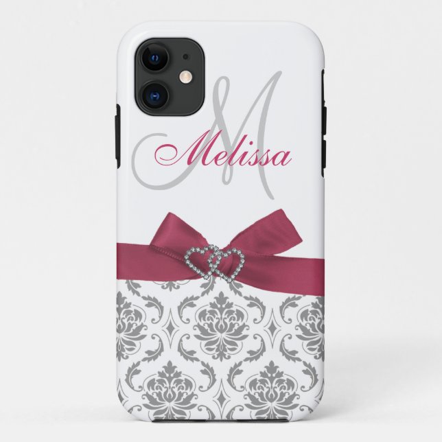 Personalised Pink Grey Damask Case-Mate iPhone Case (Back)