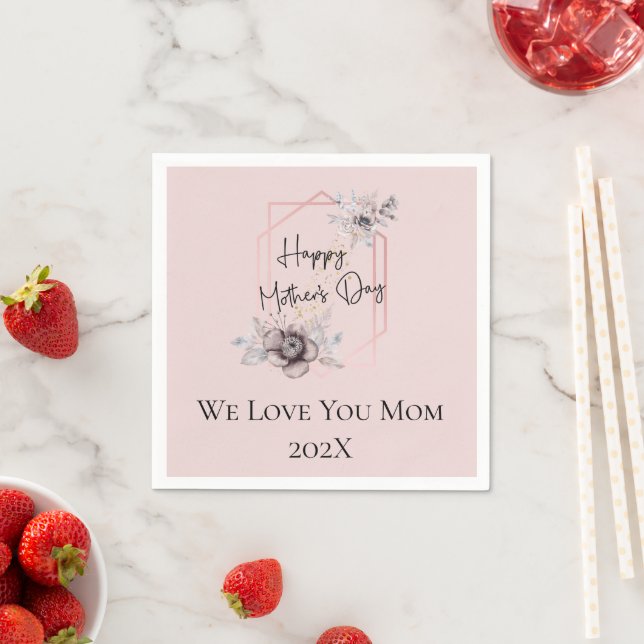 Personalised Pink Grey Floral Mother's Day Napkin (Insitu)