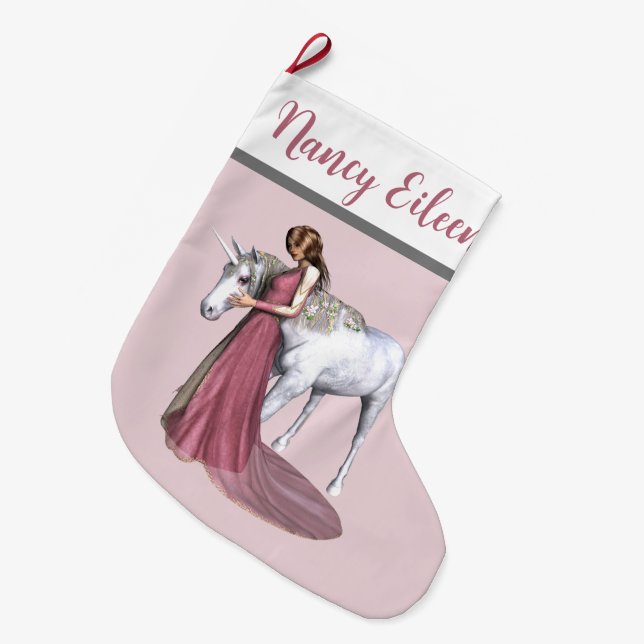 Personalised Pink & Grey Magical Unicorn & Maiden Large Christmas Stocking (Front (Hanging))