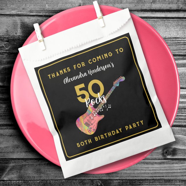 Personalised Pink Guitar 50th Birthday Thank You Favour Bags (50 Rocks cool pink guitar black and gold custom 50th birthday party thank you favor bag)