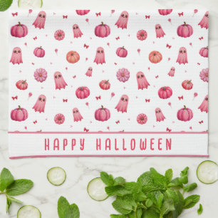Personalised Pink Halloween Pumpkins Tea Towel