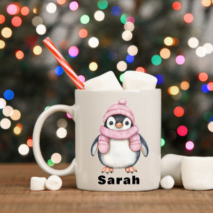Personalised Pink Hat Penguin Custom Name Coffee Mug