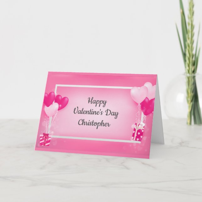 Personalised Pink Heart Balloons Valentine's Day Holiday Card (Front)