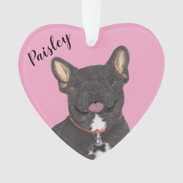 Personalised Pink Heart Black Brindle Frenchie Ornament (Front)