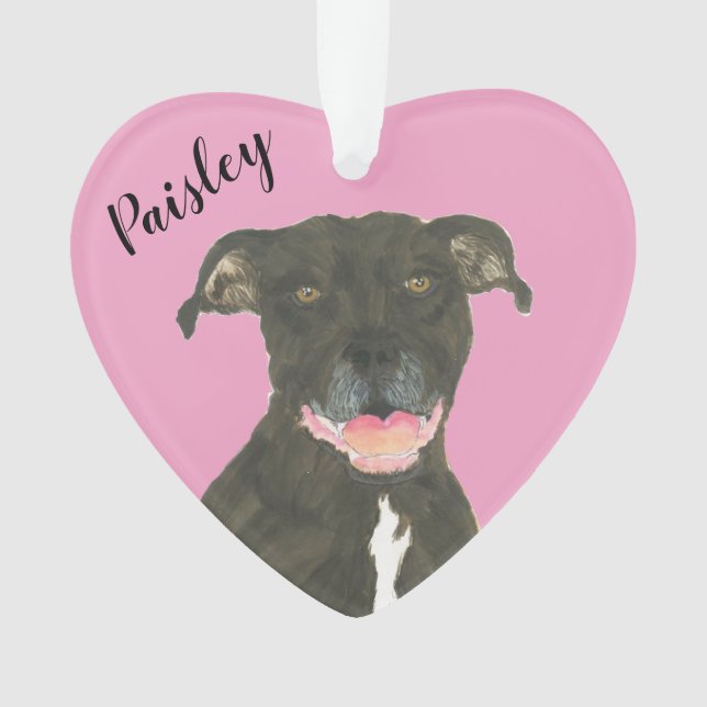 Personalised Pink Heart Black Pitbull Staffy Ornament (Front)
