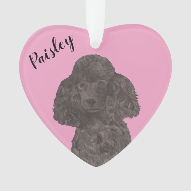 Personalised Pink Heart Black Poodle Ornament (Front)